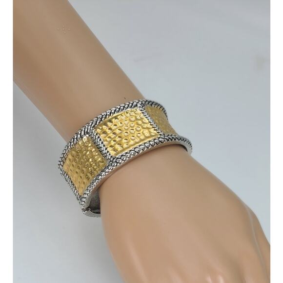 Vintage Premier Designs Mixed Metal Gold & Silver Hammered Hinged Cuff Bracelet - Picture 2 of 8